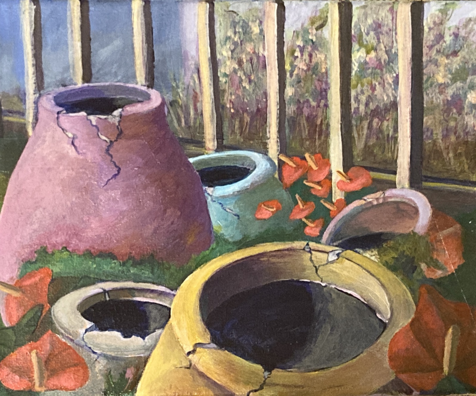 Black Oil, Red Lilies in Cracked Pots, acrylic
