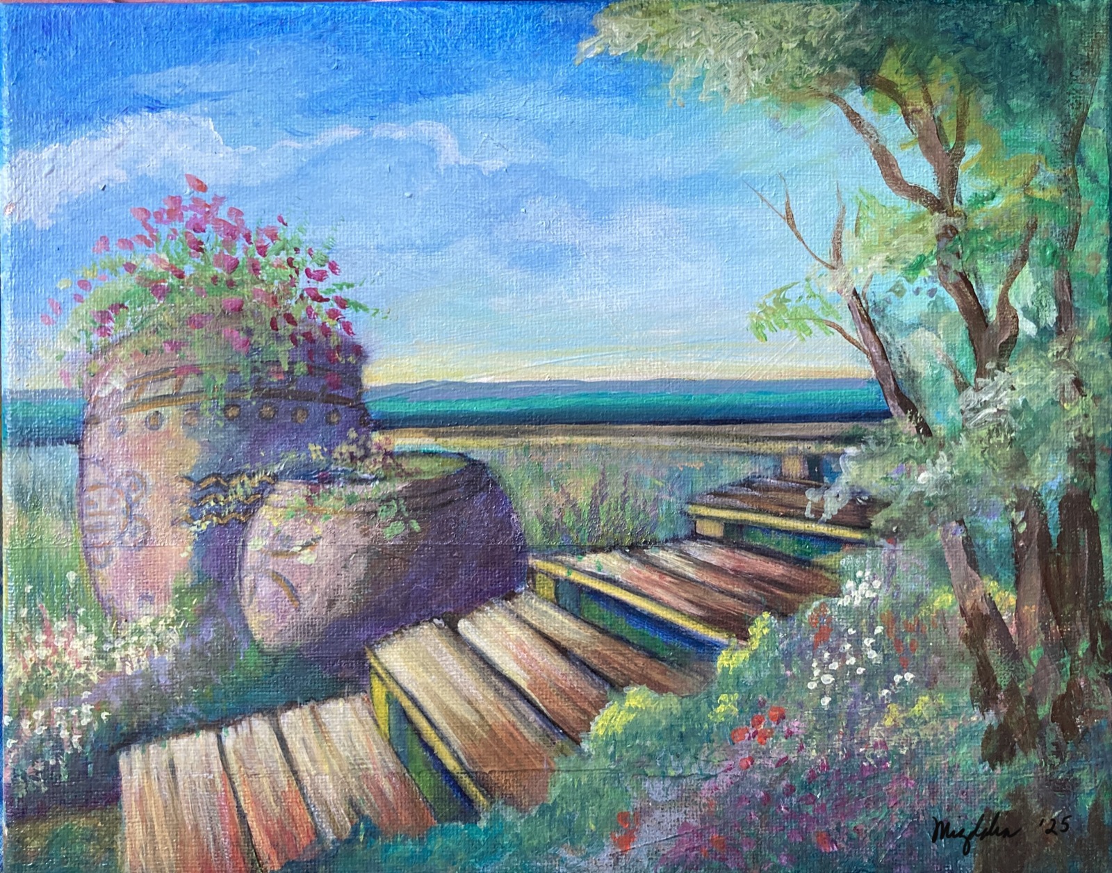 Pot and Wood Steps, acrylic