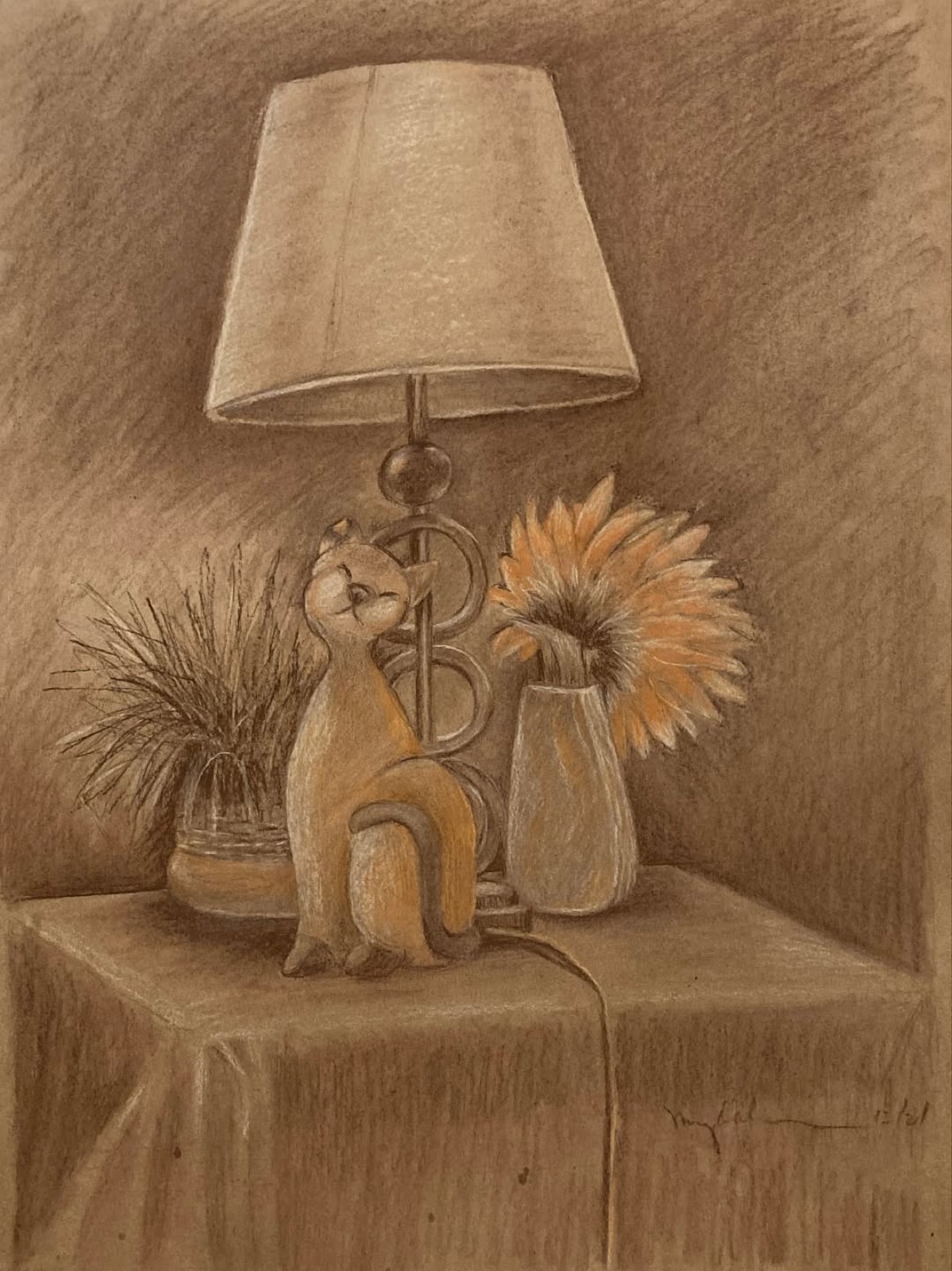 Metal Lamp and Ceramic Cat, conté